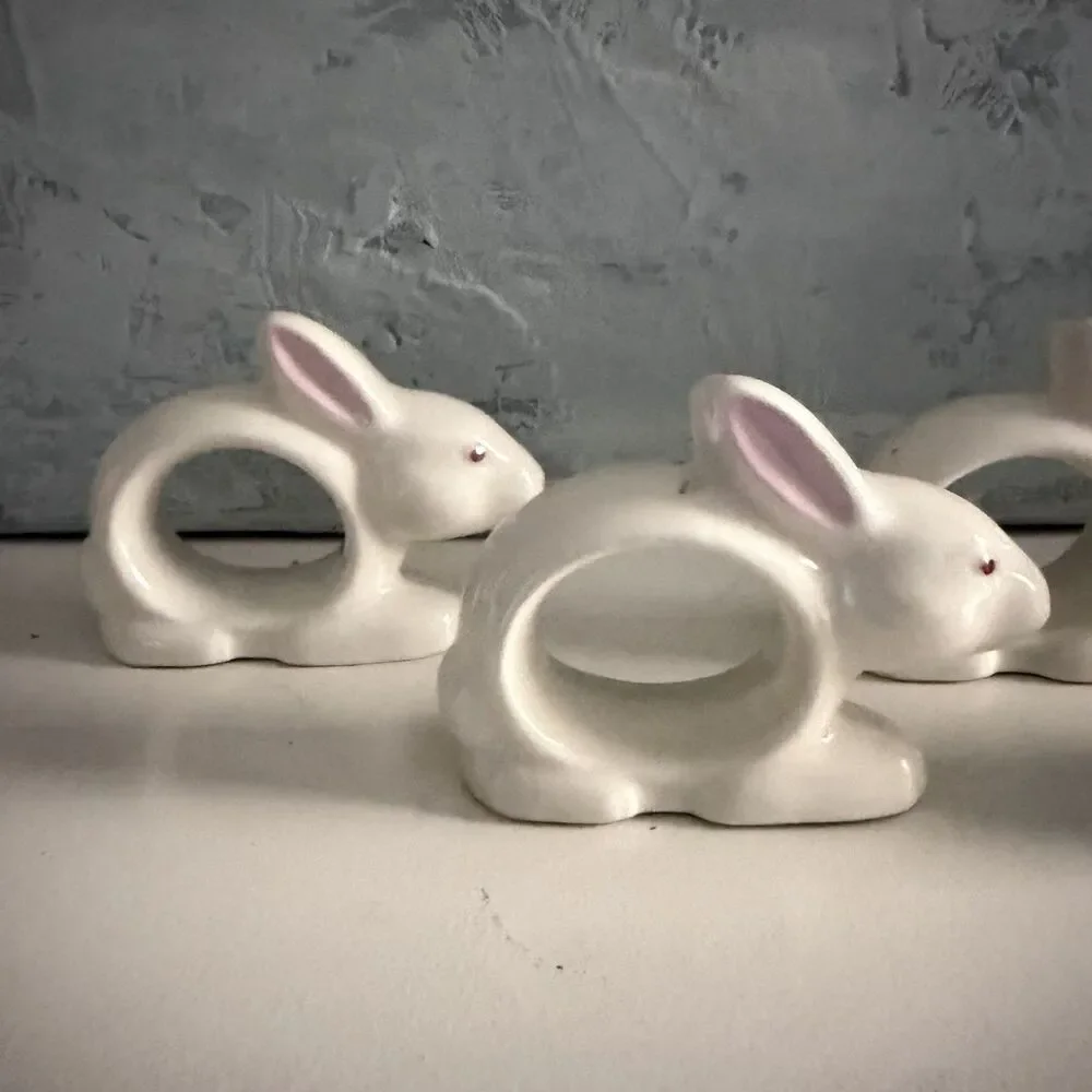 Vintage Japan White Bunny Rabbit Napkin Rings Ceramic Porcelain Easter Set Of 4